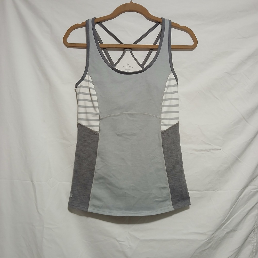 Athleta Workout Tank Top Crisscross Back Athletic Gray‎ Striped Size M